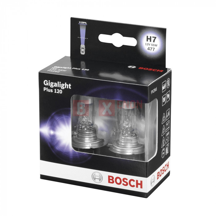 Галогенна лампа BOSCH H7 Gigalight Plus 120% 55W 12V 1987301107 Комплект