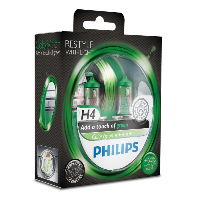Галогенная лампа Philips H4 Color Vision Green 60/55W 12V 12342CVPGS2 Комплект