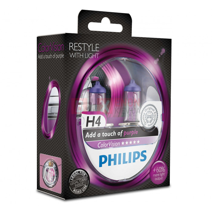 Галогенная лампа Philips H4 Color Vision Purple 60/55W 12V 12342CVPPS2 Комплект